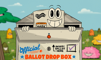 Mark the Ballot peeking out of an official ballot drop box.