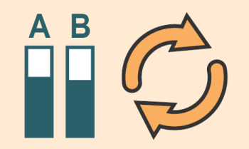 Nearly identical bar graphs on the left labeled A and B and a set of circling arrows on the right.