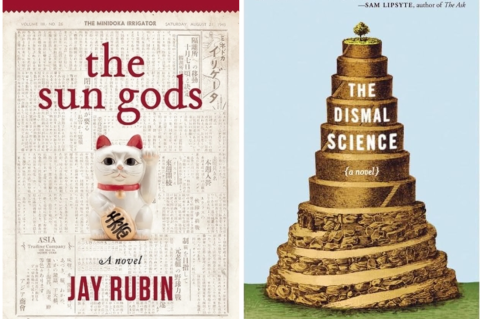 2 book covers, the Sun Gods by Jay Rubin and The Dismal Science by Peter Mountford