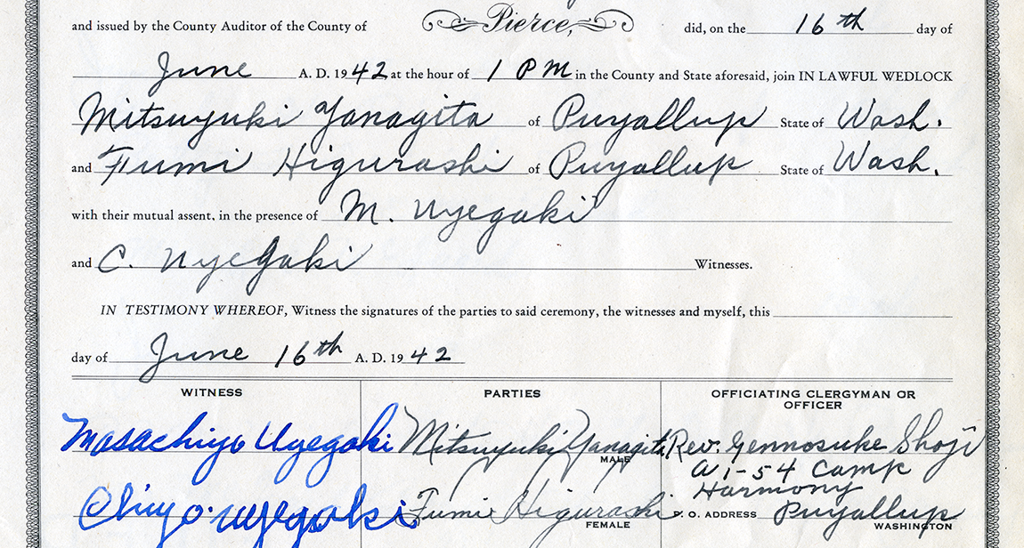 Marriage certificate for a couple held at the Camp Harmony Relocation Staging Center in Puyallup