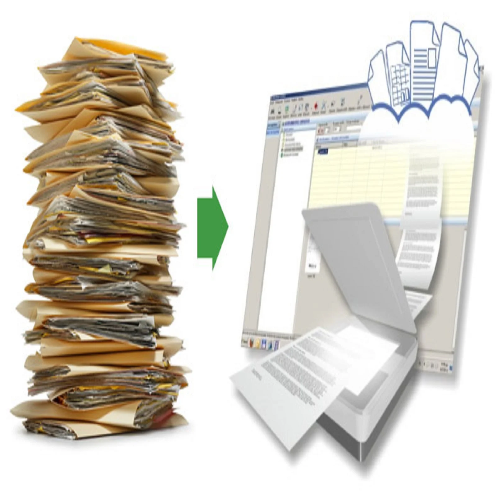 Paper folders and files turning into electronic files and folders