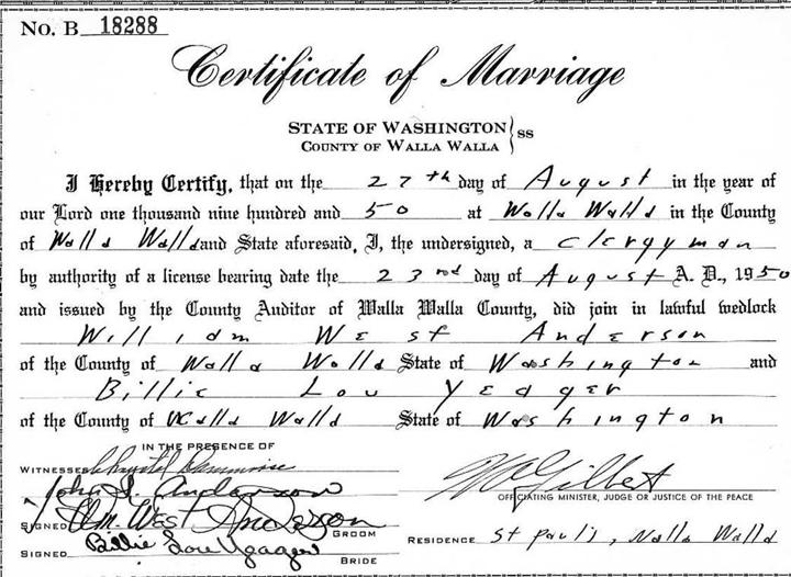 Washington State Digital Archives' digital copy of Adam West's marriage certificate in 1950.