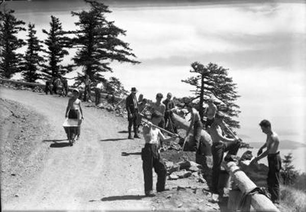 CCC workers on guard rail at Moran SP
