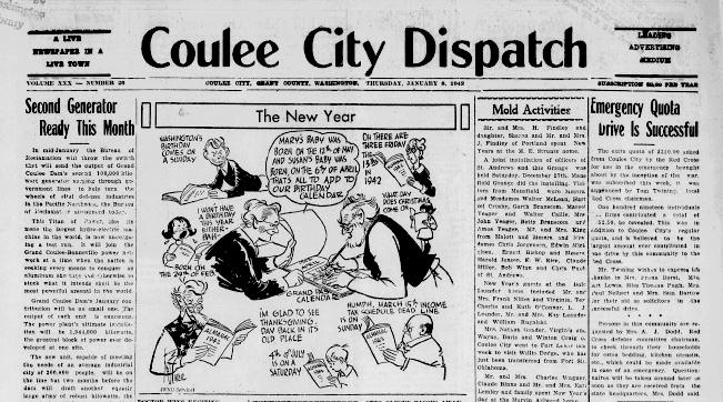 CouleeCityDispatch_01081942 Newspaper headline. The New Year. Coulee City dispatch. (Coulee City, WA), Jan. 8,1942. Chronicling America: Historic American Newspapers. Library of Congress.