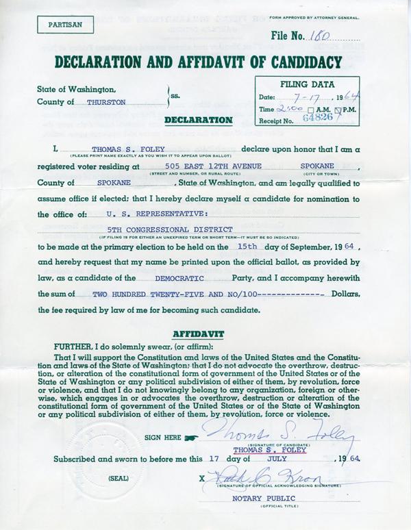 Foley 1964 declaration of candidacy
