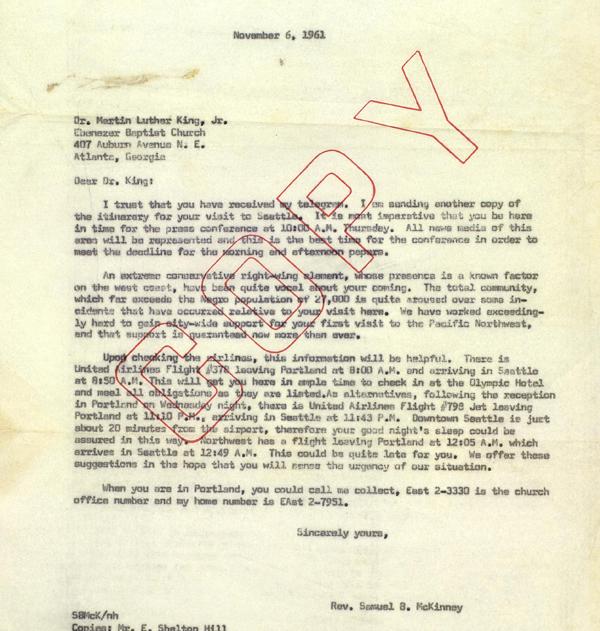 Letter from McKinney to King Nov 6, 1961_The King Center