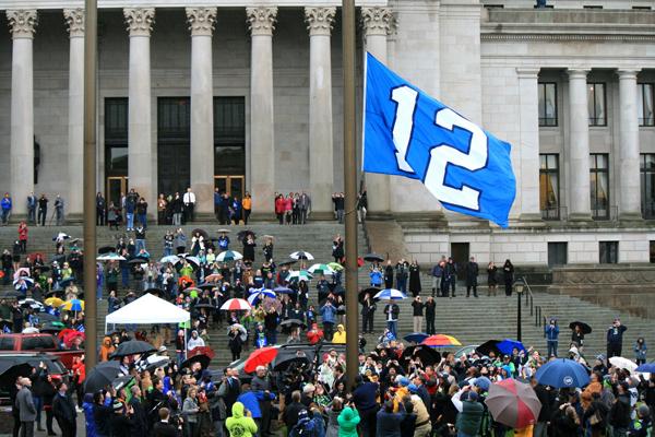Seahawks rally w flag going up