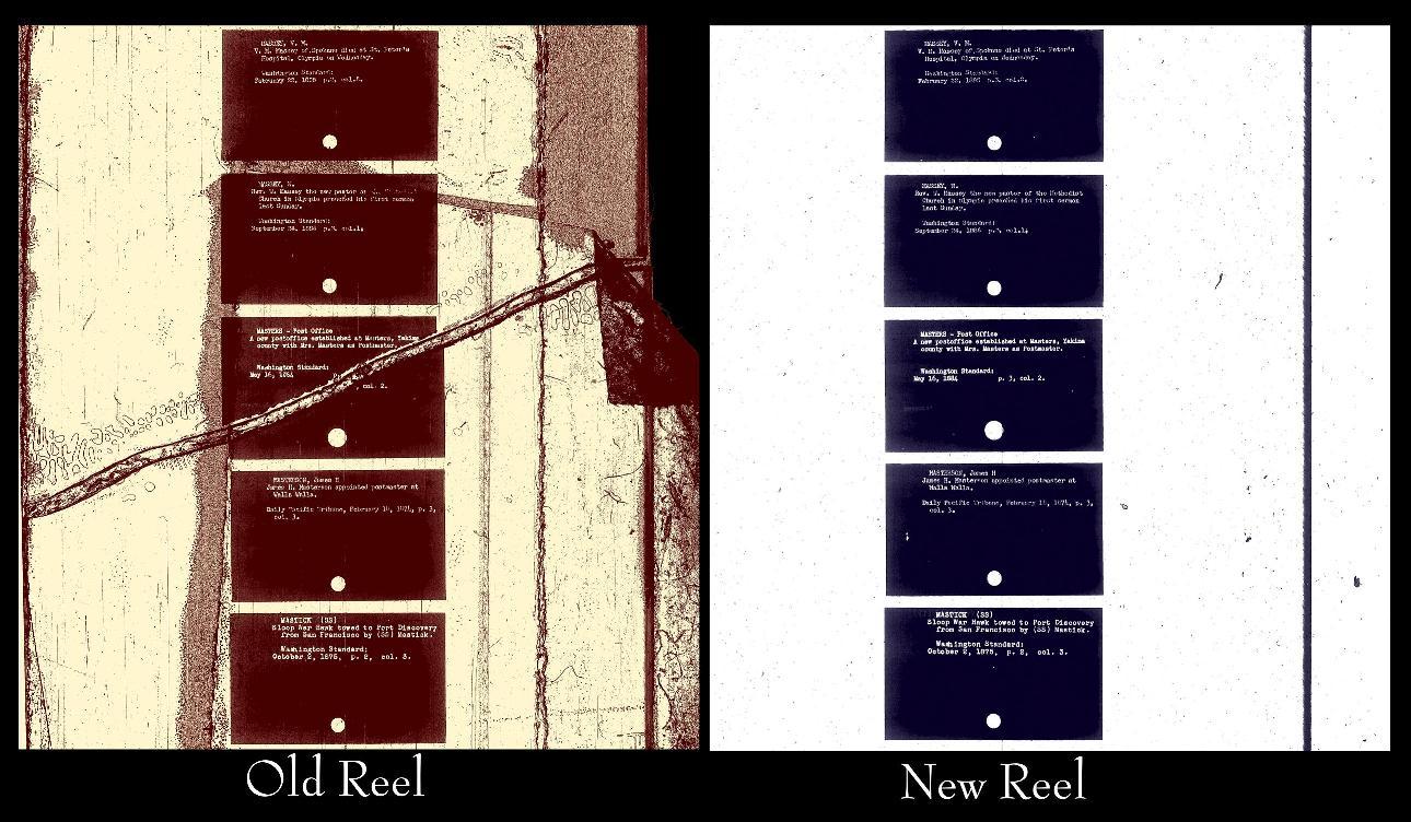 image taken from an old reel of microfilm side-by-side with image taken from a replacement reel