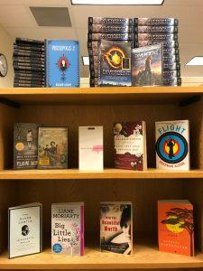 Picture of a bookshelf with the covers facing forward.