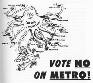 Opponents of Metro portrayed the plan as an octopus that would strangle any opposition to “Seattle rule and domination.” Seattle Municipal Archives