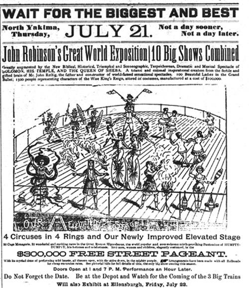 Advertisement for John Robinson's Great World Exposition - Yakima Herald - July 14, 1892