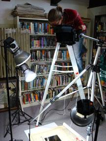 Digitizing from a ladder at the Kettle Falls library.