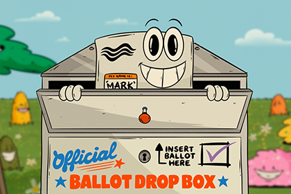 Mark the Ballot peeking out of an official ballot drop box.