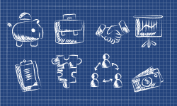 Blueprint style illustration with images including a piggy bank, puzzle pieces and cash