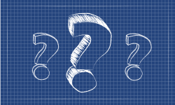 Blueprint style illustration with question marks