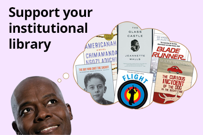 Promotional image for Washington State Library's Institutional Library Services featuring an assortment of book covers arranged in a thought bubble shape above the head of a smiling man. Text encourages supporting an ILS branch by purchasing materials from their wish lists. Includes the website link for donations.