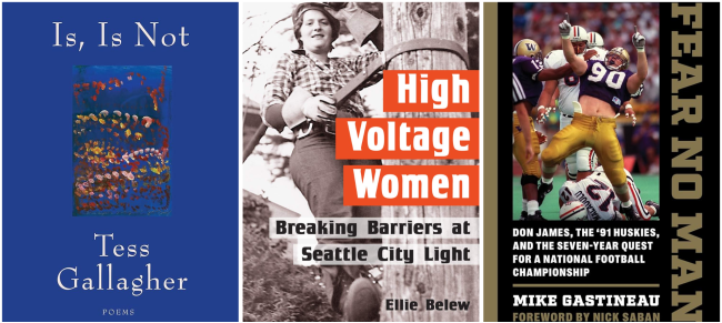 3 Book Covers, Is, Is Not by Tess Gallagher, High Voltage Women by Ellie Belew and Fear No Man by Mike Gastineau