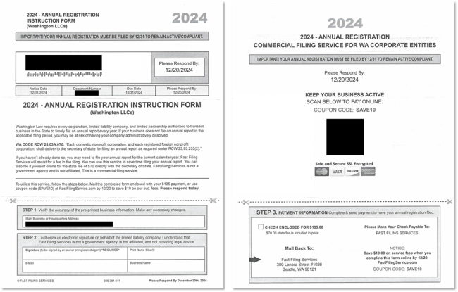 Example of Misleading Solicitation from State of Washington Business Entities