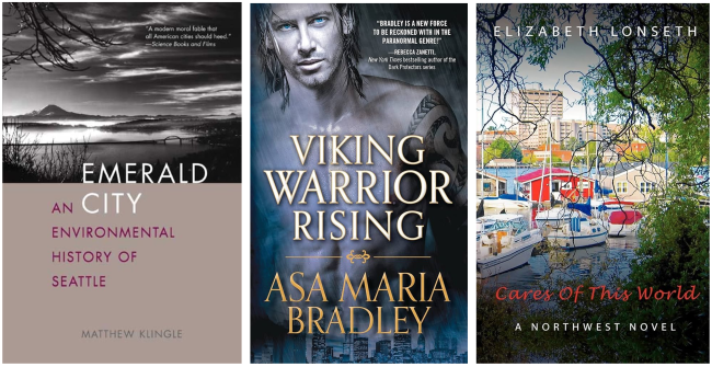 3 Book Covers, Emerald City by Matthew Kingle, Viking Warrior Rising by Asa Maria Bradley, Cares of this World by Elizabeth Lonseth