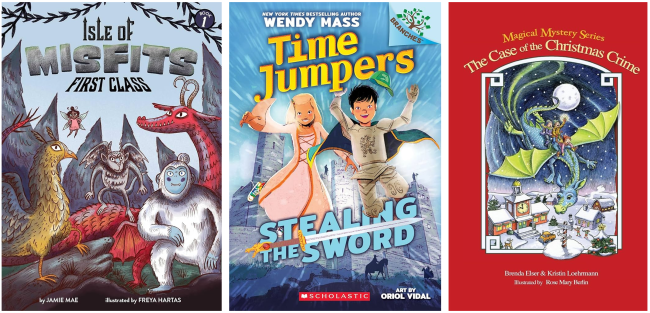 3 Book Covers, Isle of misfits by Jamie Mae, Time Jumpers by Wendy Mass, Case of the Christmas Crime by Brenda Esler