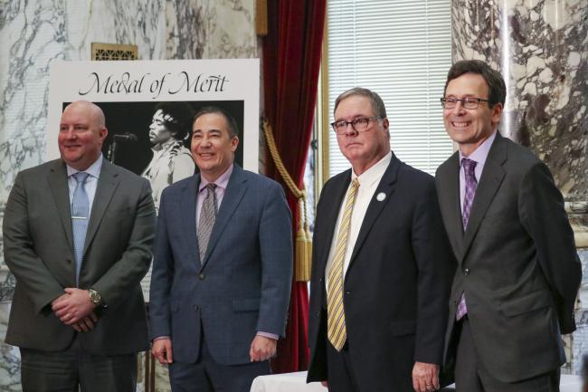 (L to R) State Rep. Dan Bronoske, Secretary of State Steve Hobbs, Lt. Governor Denny Heck, Governor Bob Ferguson 