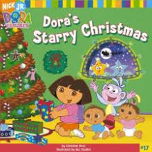 Dora's Starry Christmas book cover - Dora, Boots, and two small children playing next to a Christmas tree